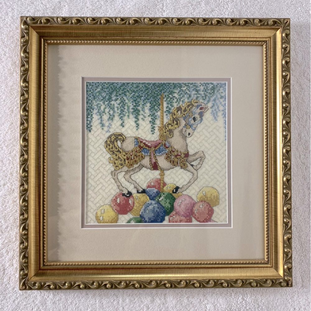 Vintage Handmade Framed Carousel Horse Cross Stitch Art Cottagecore Carnival